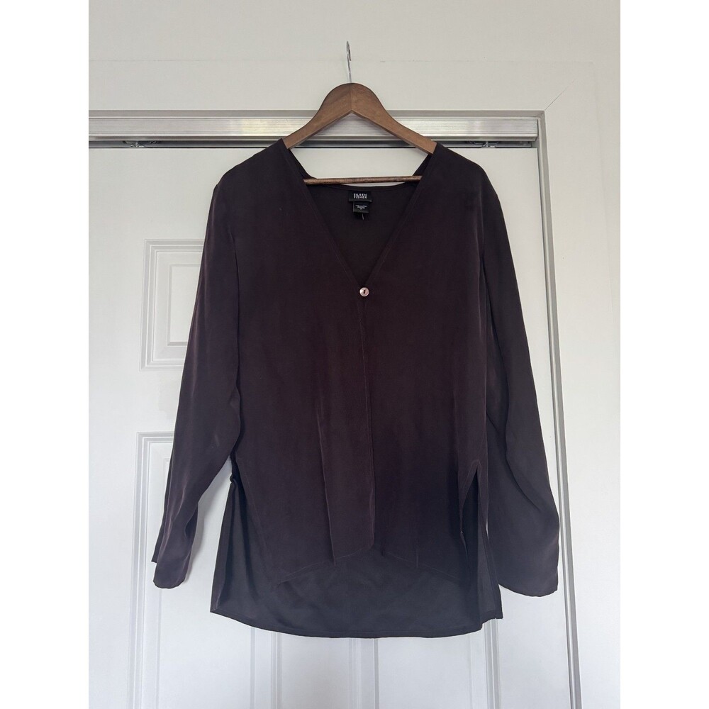 Eileen Fisher Womens M Burgundy Single Button Slit 100% Silk Blouse Georgette